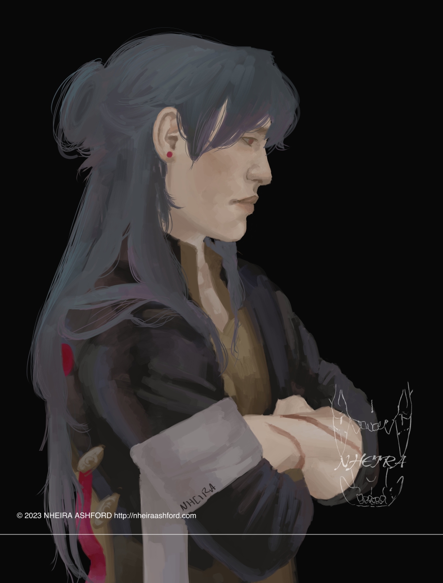 A side profile of Ren from Honkai Star Rail. He has his arms folded and is looking straight ahead, ignoring the viewer. He has long dark blue hair. He wears his usual outfit; a long sleeved top that is a mix of blacks, golds and reds, a white bandage wrapped around his upper arm. 