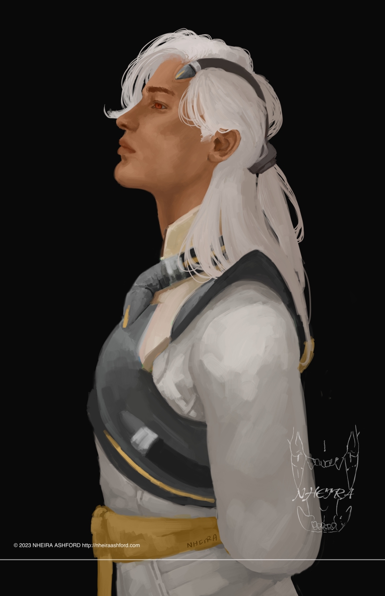 A portrait of Lifeweaver from Overwatch. He has caramel/light chocolate colored skin with red eyes that lack a catchlight. His white hair is in its usual style. He wears one of his regular in-game outfits, with one arm tucked behind his back. He is facing the left. 