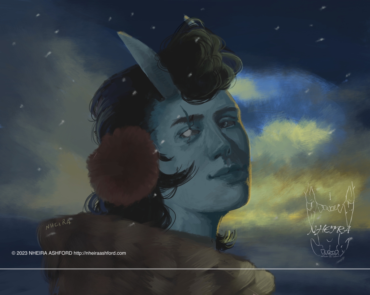 A portrait of a Mephisto Tiefling. They are facing to the right but with their head tilted towards us. They are backlit by a cloudy sunset, clouds obstructing everything but the light. They are wearing a winter coat, scarf and earmuffs. They have a scar going through their right eye. They have long black hair that curls in some places with two smooth horns protruding from their temple. They have a blue-ish skin tone with variation around the outer edges of their face.