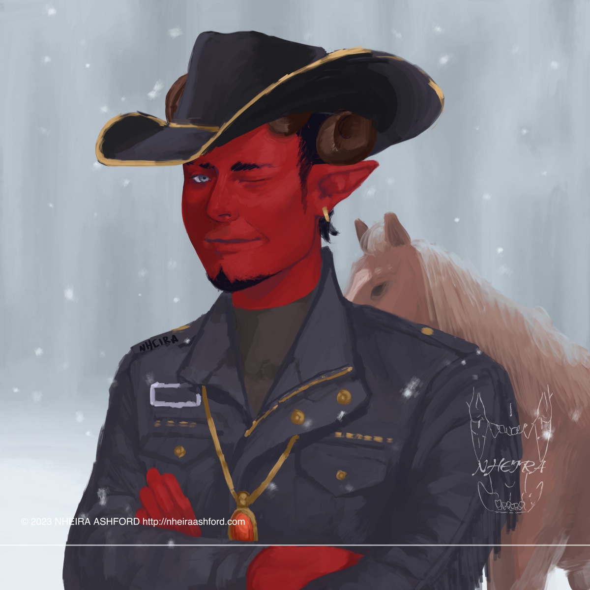 A portrait of a character with vibrant red skin and a black leather, gold embellished leather jacket. He wears a gold pendant with a deep red gem in the center. Behind him is standing a light brown furred horse with a blonde mane. 