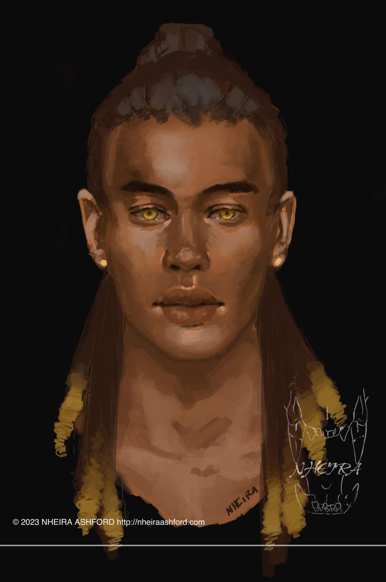 A portrait of a character with locs of a dark brown and gold tone; they look dip dyed. His locs are tied back. He wears one gold stud in each ear. His skin is a dark brown with warm and cool tones throughout. 