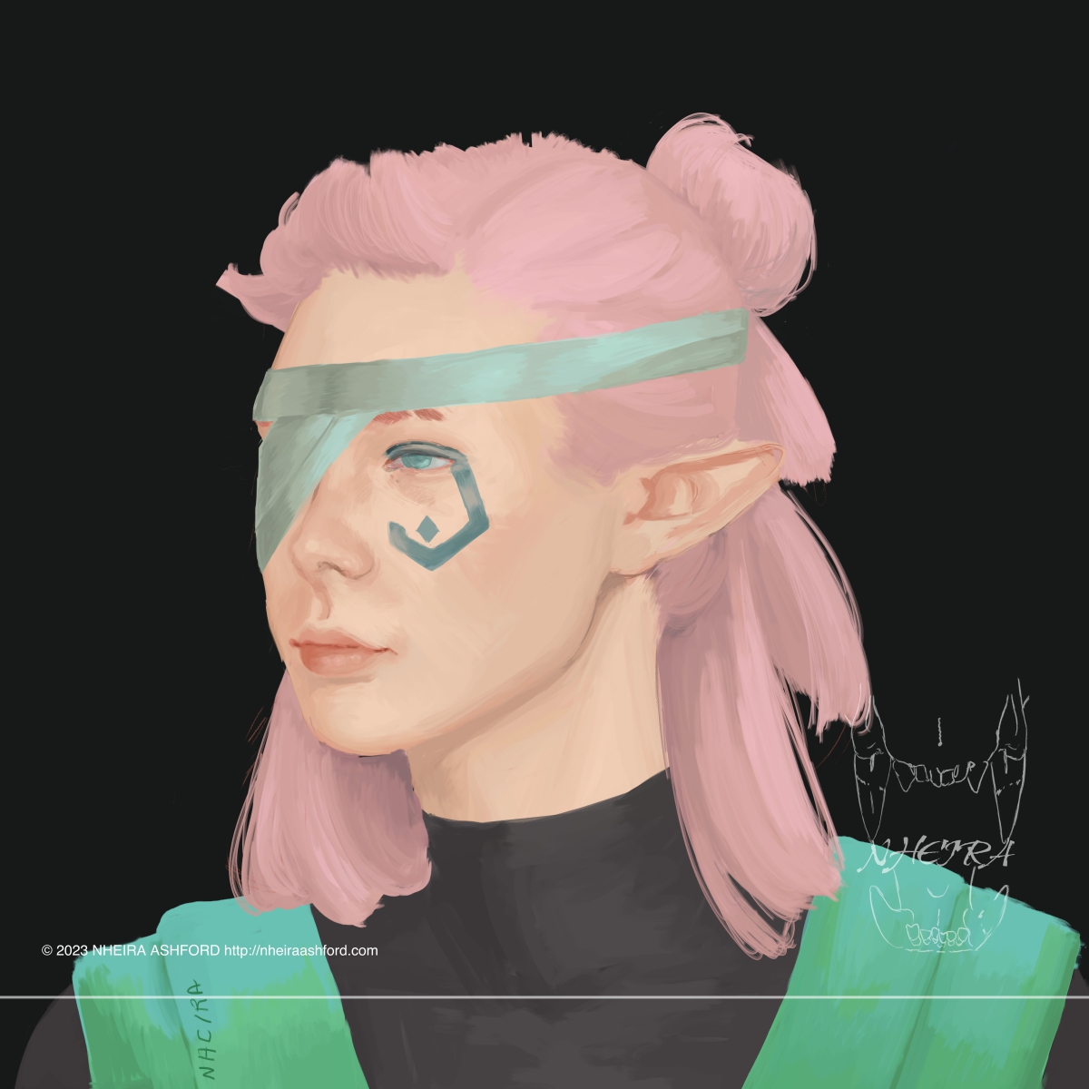 A portrait of a pink haired and green eyed character. He is posed in a 3/4th profile and is looking away from the viewer. One eye is covered by a mint green fabric. His wardrobe consists of a simple black turtleneck and a vibrant green vest over that.