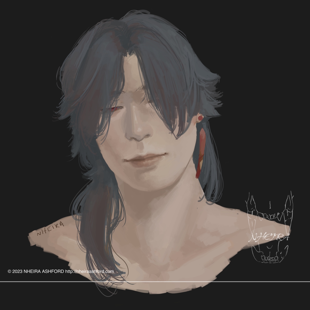 A portrait of Ren from Honkai Star Rail. He has his hair down and has a serene, relaxed expression. Part of his face is covered by his hair.