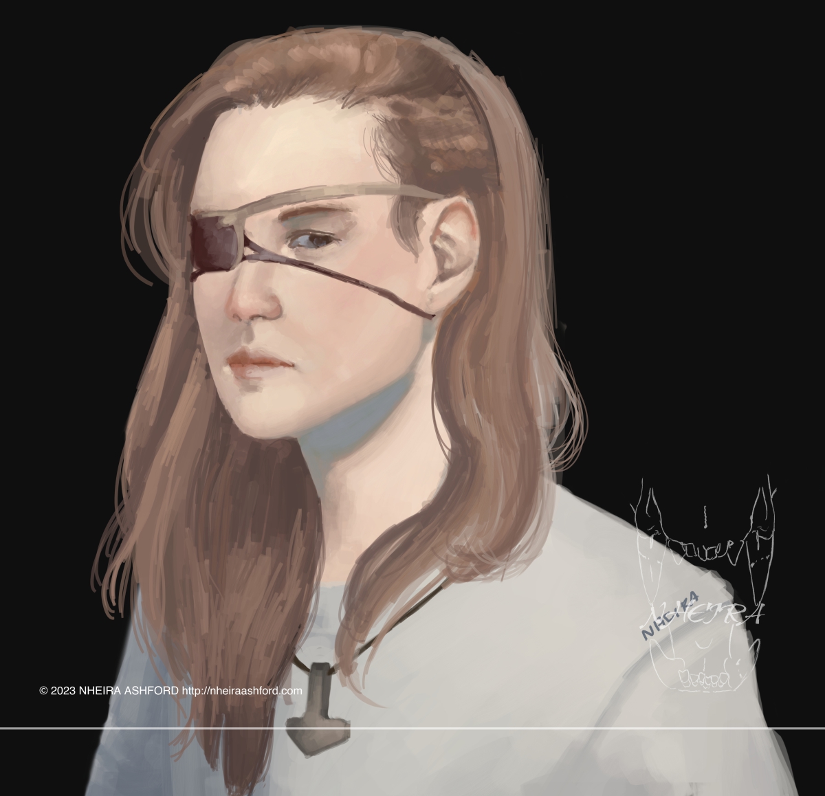 A portrait of a redheaded character with part of his hair swept back. He wears an eyepatch over his right eye and has a plain, neutral expression. Hanging around his neck is a simple piece of jewelry; a black cord with a replica of Mjölnir ( a replica of one found in a viking grave ). 