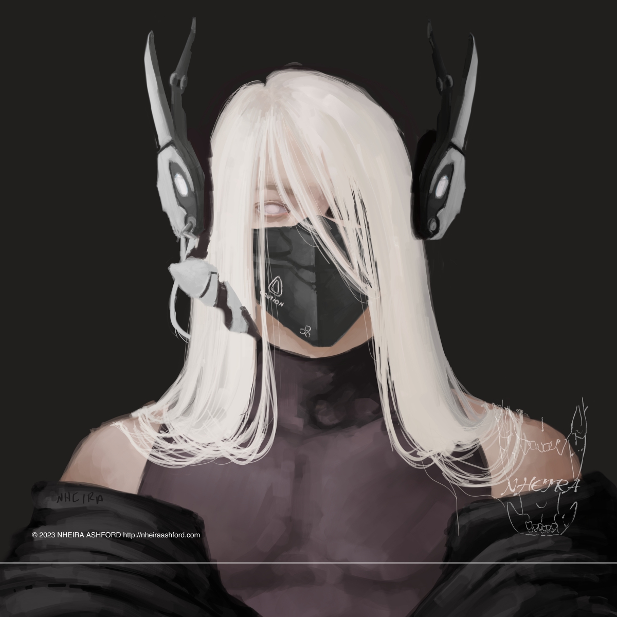 A portrait of a character that is front facing. He wears a half face mask that covers the lower portion of his face. His long platinum blonde hair hides some of his face and mask. Around his head is a headset that looks like it came out of Tron or Cyberpunk. 