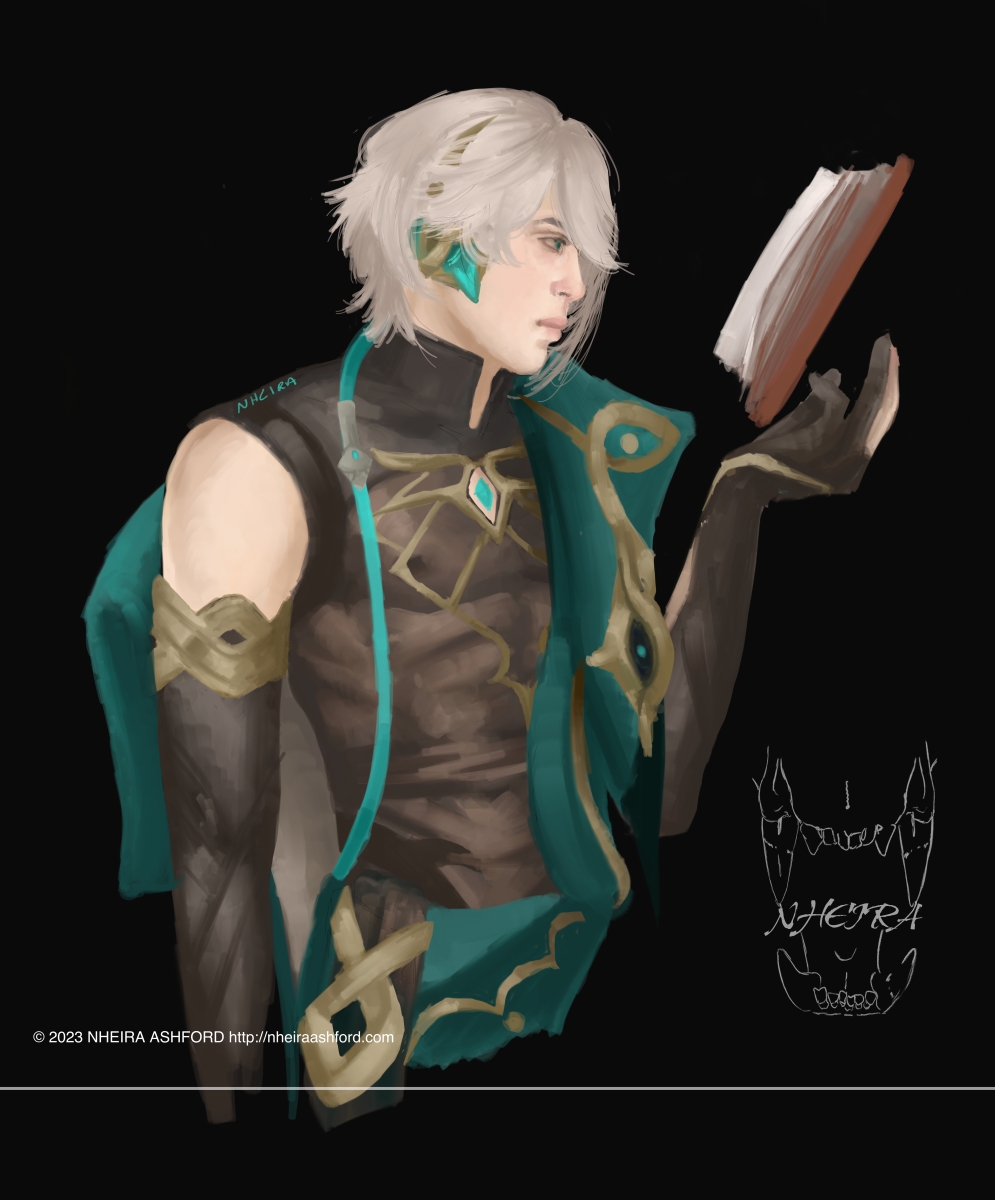 A portrait of AlHaitham from Genshin Impact. He is pictured here holding up a book and looking at it, rather than the viewer. Wearing a simple black shirt with an improperly worn cloak over it, he seems disinterested in what is going on around him. He wears his normal headset with the wire hanging over his shoulder.