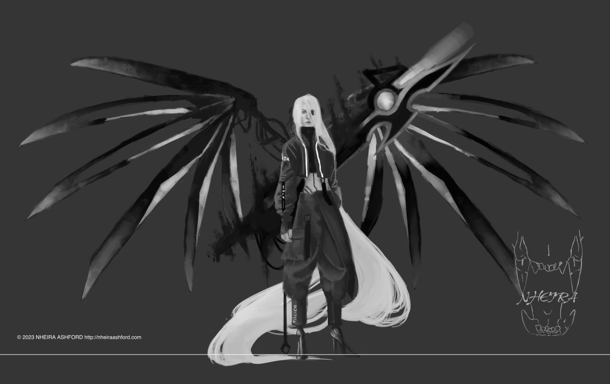 A full body portrait of a character with long white hair. This character is drawn in grayscale and most of his body is cybernetic / made of machinery. For feet, he has stiletto heels. His hair reaches down past his heels and is tied off at the end. The only thing on his head is a pair of headphones.