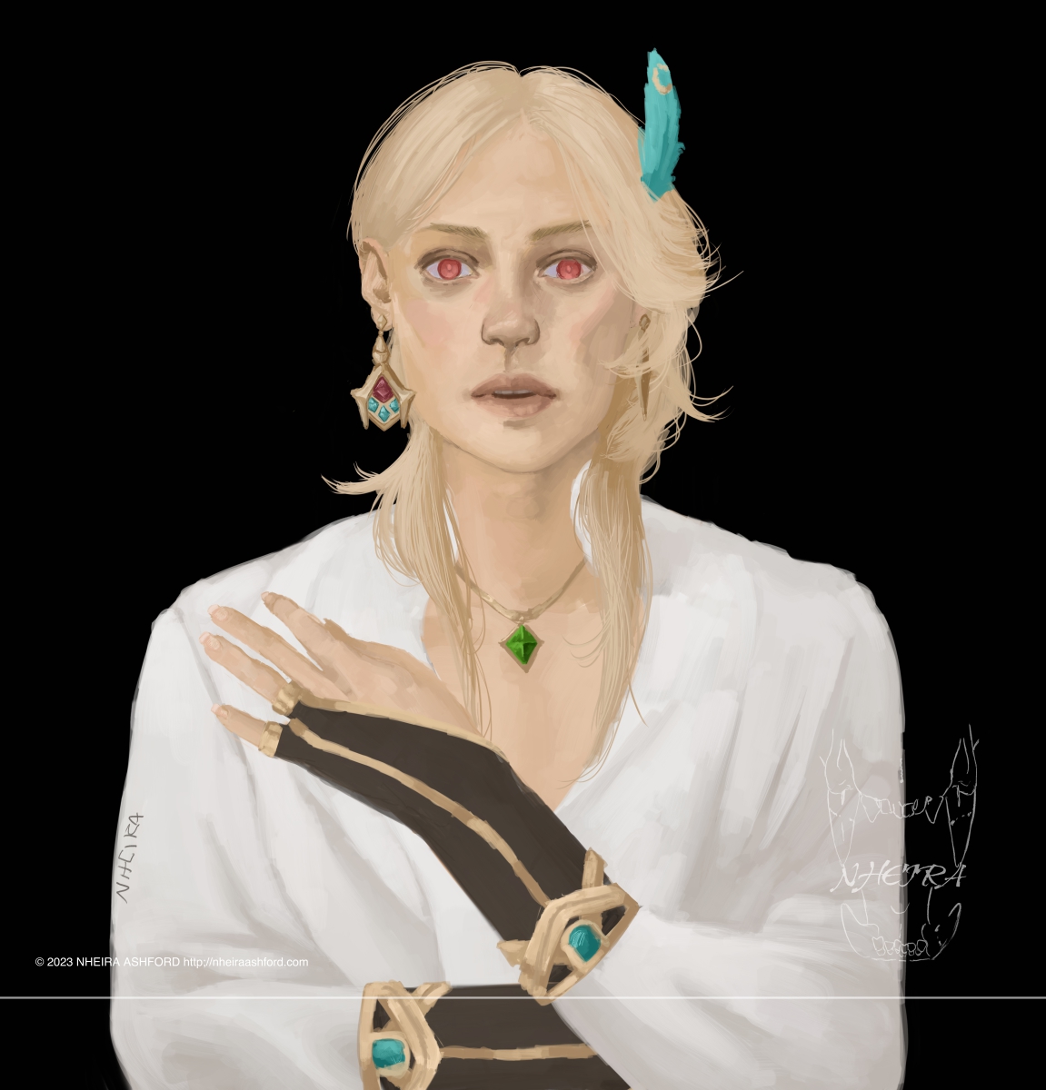 A portrait of Kaveh from Genshin Impact. He has a surprised/shocked expression, his red eyes wide. He wears a single piece of jewelry that is in the shape of AlHaitham's ( Genshin Impact ) green chest gem. 