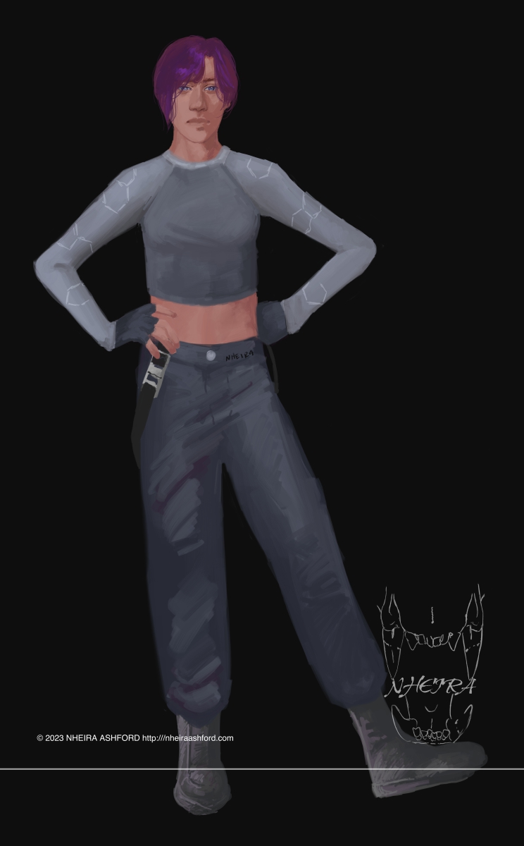 A full body portrait of a character that's wearing a racing/sports themed outfit. She's got magenta colored hair and her skin is a dark caramel with warmer tones. Her hands are resting on her hips, a blank expression on her face. 