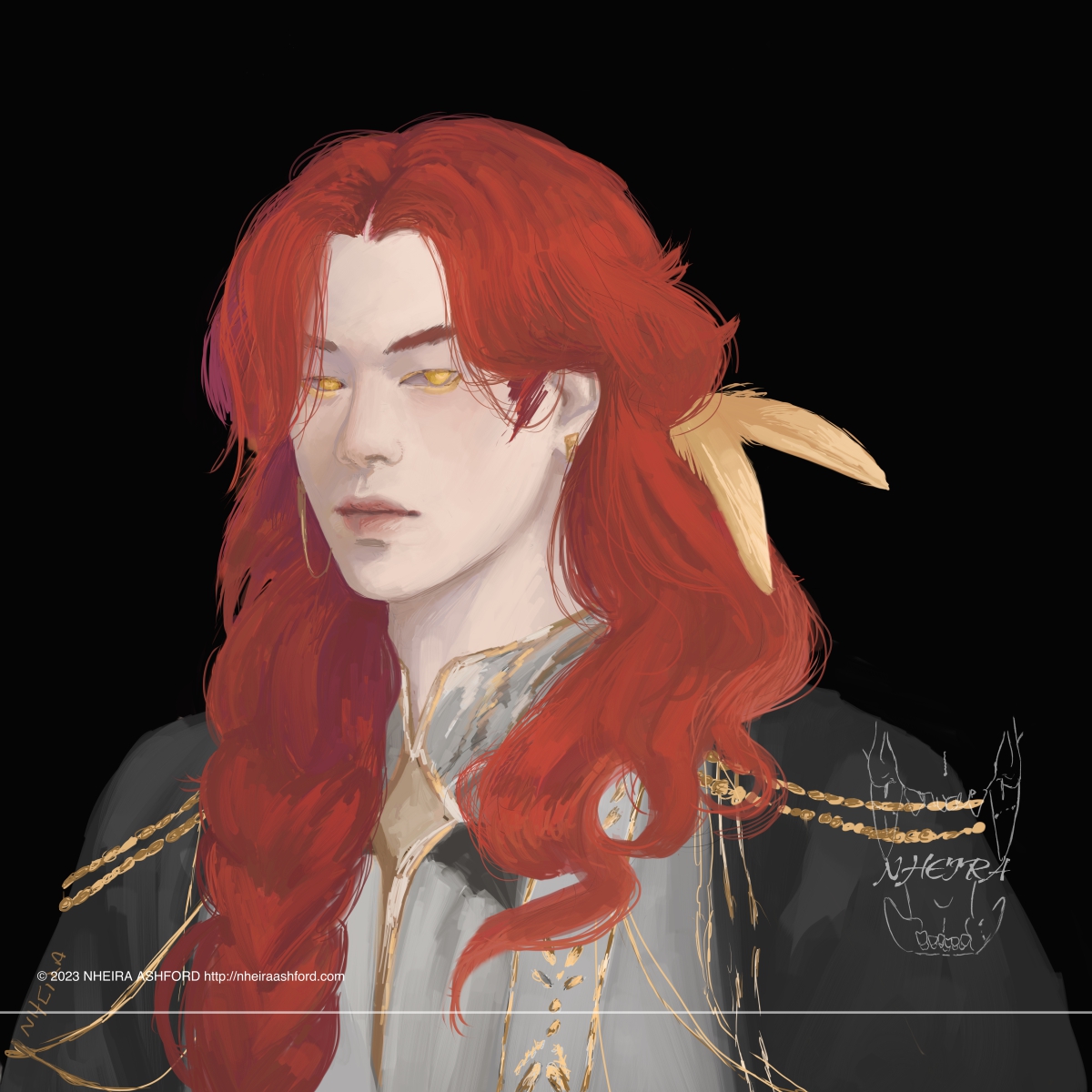 A portrait of a character with vibrant, bright red hair that's done up on a braid on one side. He has obscenely pale skin and red lips. His clothing is a mix of blacks and whites, embellished in gold bits and bobs. 
