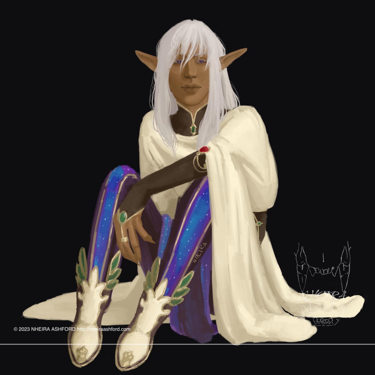 A portrait of a character that is sitting on the ground. They wear a multitude of purples, blues, with gold embellishments/trimming. Their cloak is an off-white, loosely pooling around them. They have grayish hair and a warm brown skintone. 