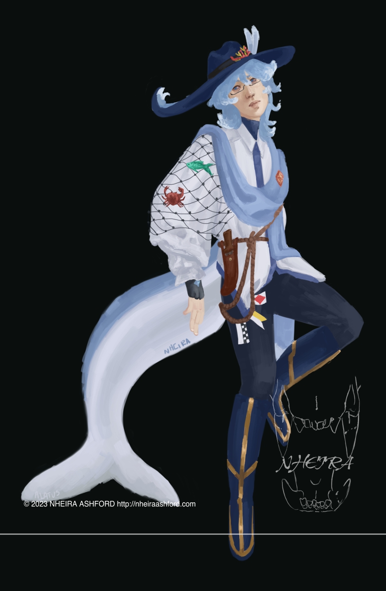 A full body portrait of a marine themed Vtuber model. This character has a twin finned tail with a white underside and baby blue back. He wears a white long sleeved shirt, dark blue trousers and boots that stop just under his knees. He has a light blue scarf that hangs around his shoulders. One arm has a piece of fisherman's net draped over it.