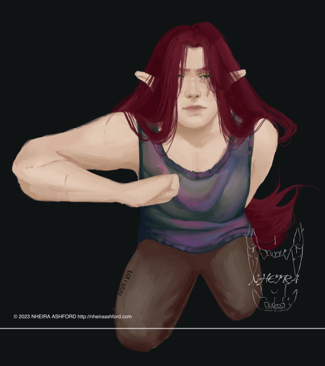 A knee up portrait of a male character. He is posed in a dashing/jumping position with one arm held out in front. He has very faint scars on his arm. His hair is a deep burgundy color and flares out behind him. He has pointed ears and pale skin. 