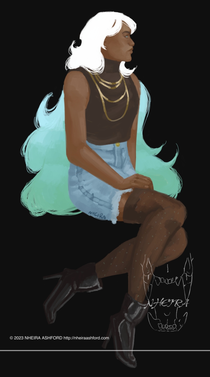 A fullbody portrait of a character that is sitting with their legs shifted slightly to one side. They wear a pale blue washed out pair of jeans shorts and a black turtleneck style shirt. They also wear partly transparent stockings that go up over their knees. Their boots are ankle boots and have a high shine to them. Their hair is a gradient/ombre of white at the top and a mint green at the bottom. Their skin is a dark warm toned brown.