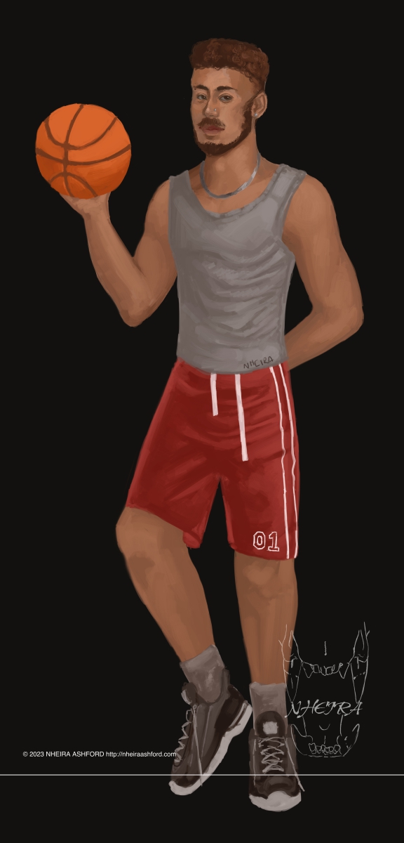 This is a full body portrait of a character that is posed standing up. He is holding a basketball in his right hand and his other arm is tucked behind his back. He wears a pair of gym shorts with the number 01 on the bottom near his knee and wears a gray sleeveless shirt over that. His skintone is a warm caramel tone. 