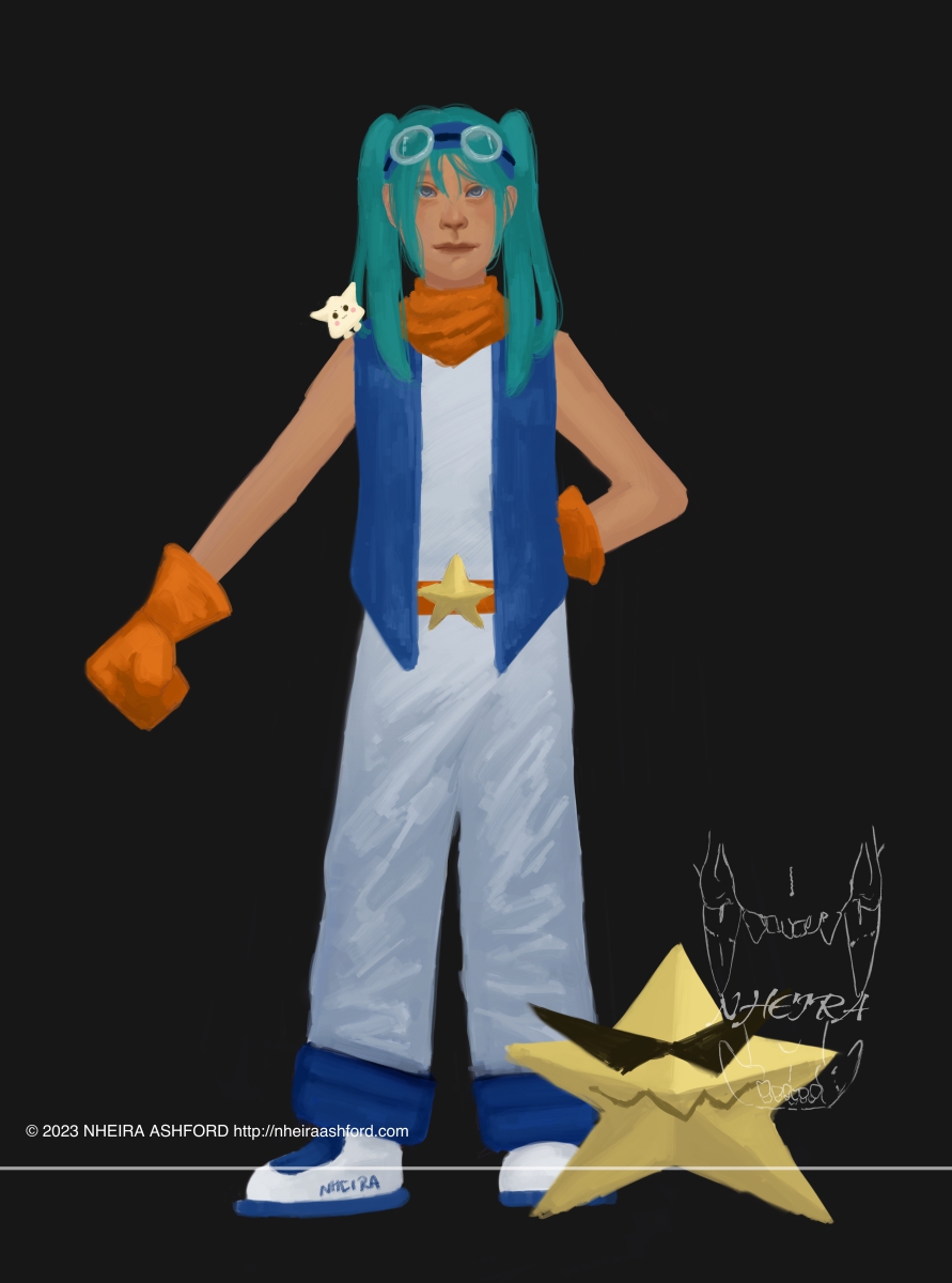 A portrait of a Digimon themed original character. She has teal colored hair that's up in twin pigtails and she's wearing a white/orange jumpsuit, a deep blue vest over that. She wears orange gloves. She's posed in such a way that one hand is outstretched in a fist and the other is resting against her hip. There are two digimons present in the image, shaped like stars. 