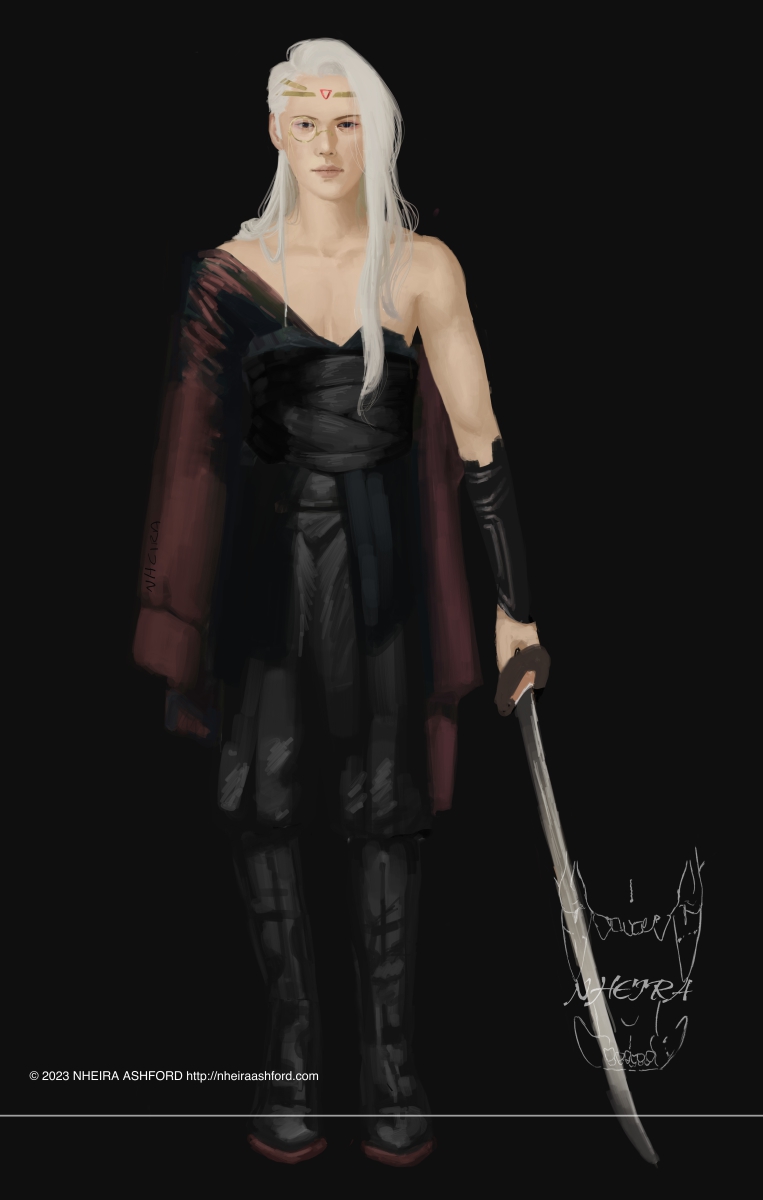 A full body digital portrait of a character holding a sword. He has long platinum blonde hair and black eyes, a monocle over the right ( our left ). His wardrobe consists of somewhat traditional Japanese clothing and knee high boots. He has a brace on one arm. 