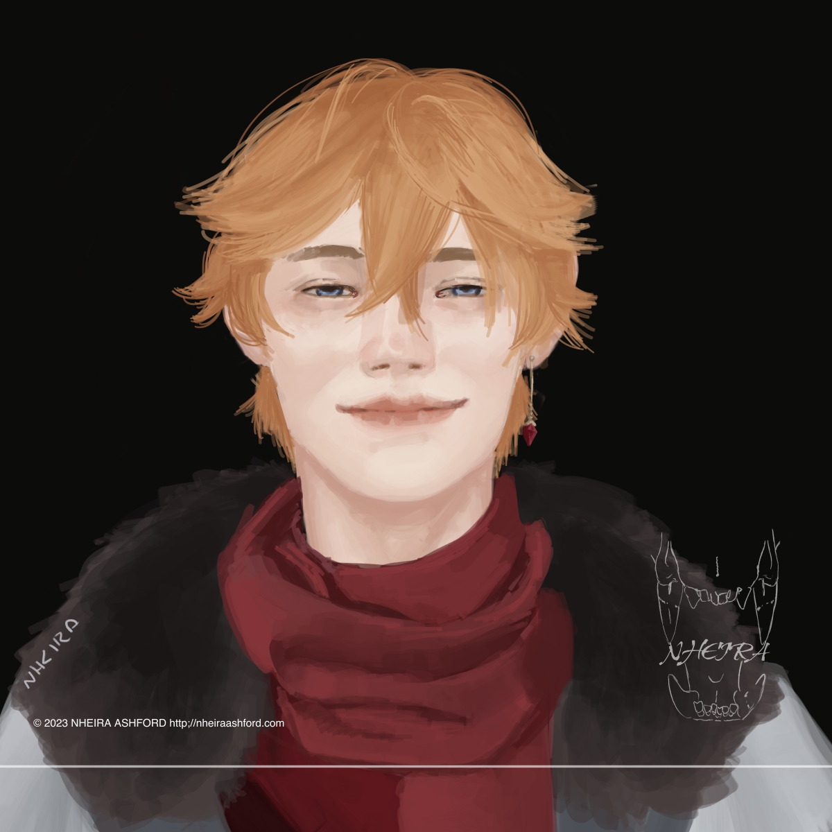 A portrait of a redhead with a very fake looking smile on his face. This character is Childe from Genshin Impact. He's wearing a fur lined coat and underneath that a burgundy scarf wrapped around his neck. 