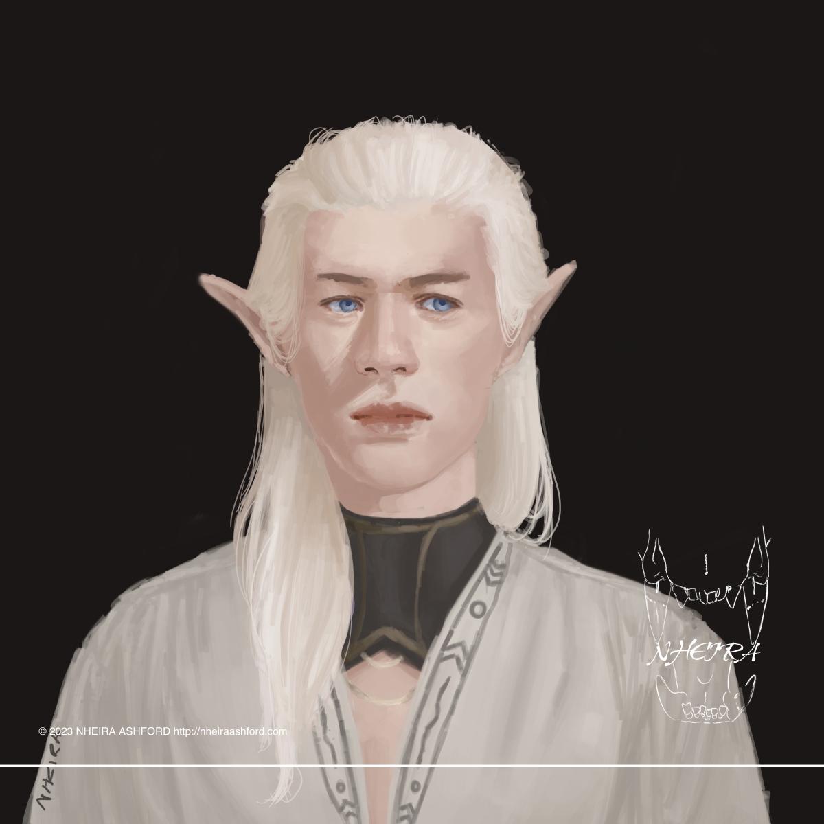 A portrait of an elf character with long, platinum blonde hair. He has striking blue eyes. This character wears an off-white tunic style shirt, a black gold detailed collar type piece underneath. 