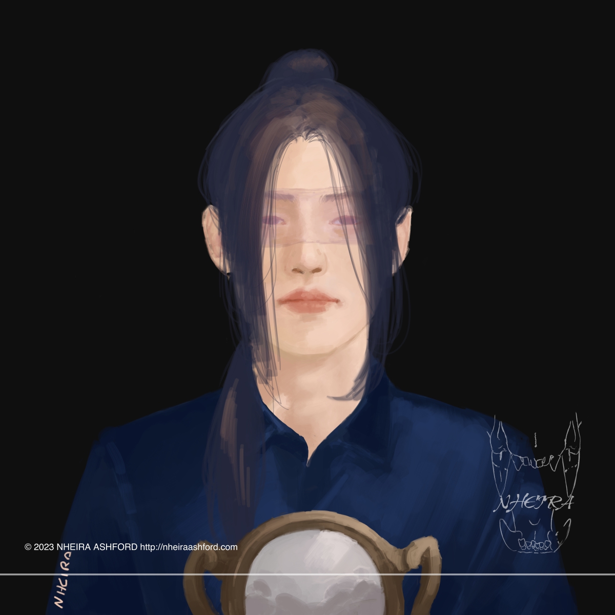 A portrait of a character holding a mirror. This character is has a sombre expression. They wear a dark blue collared shirt that looks like its made of satin or a very fine velvet.