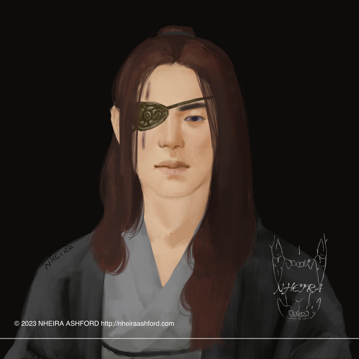 A portrait of a character wearing an eye patch over a scarred eye. He has long brown hair that's partly tied back and he wears traditional japanese clothing in light and dark gray. 