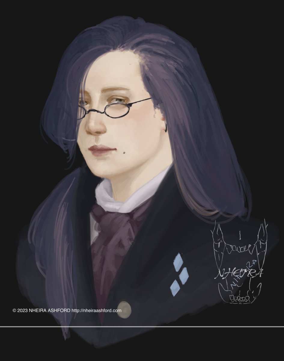 A portrait of a male version of Rarity from My Little Pony: Friendship is Magic. He wears a period style cravat and shirt, over that a matching coat with the canonical pattern of his cutie mark.