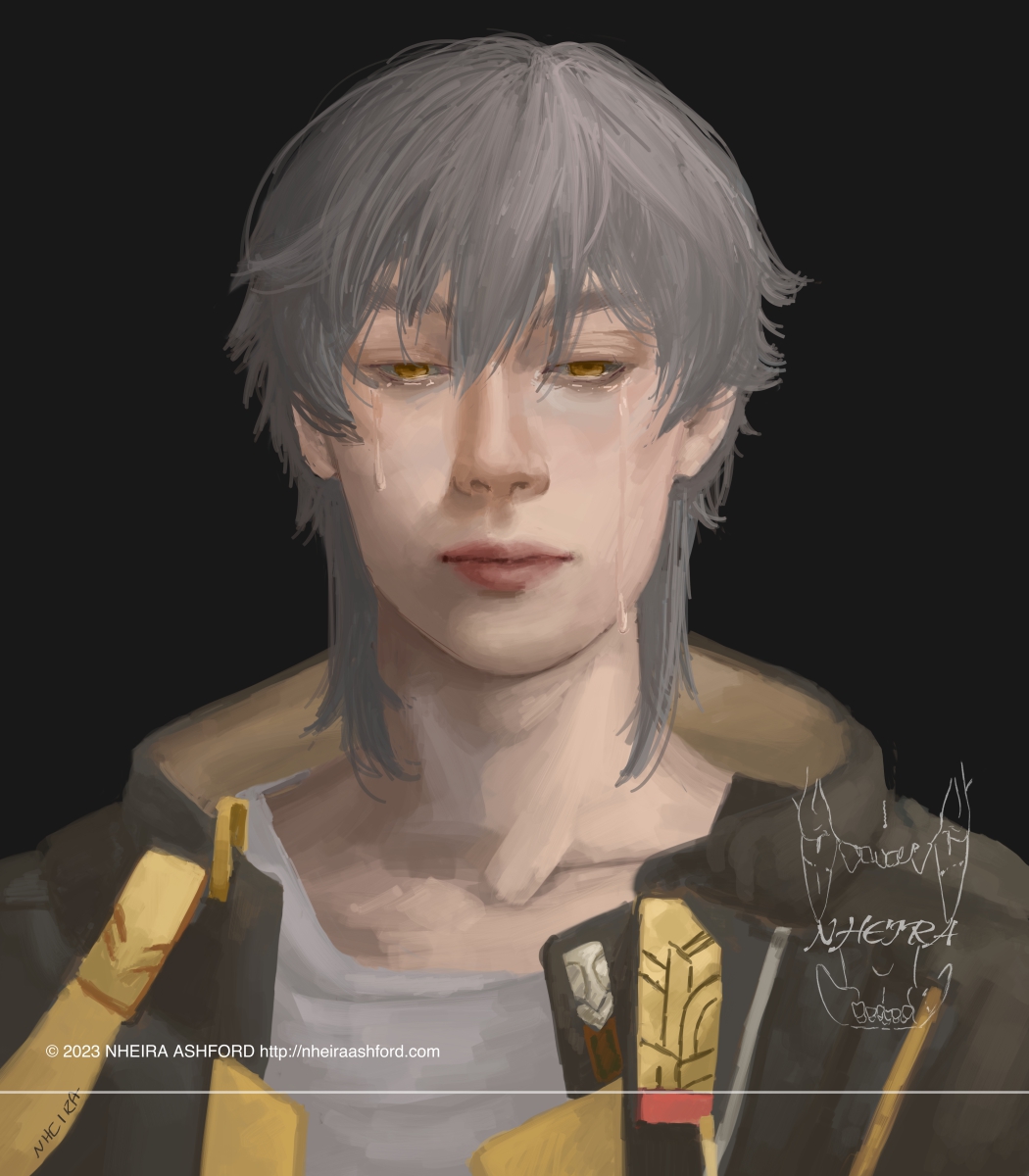 A portrait of Caelus from Honkai Star Rail. He wears his canon outfit and is painted in a realistic style. In this image he seems sad and is not looking at the viewer, a tear rolling down one side of his face. He's lit in a soft lighting. 