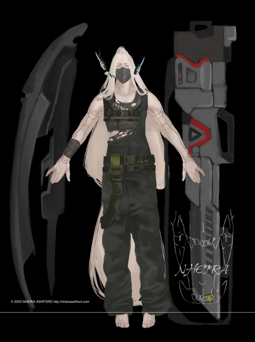 A fullbody portrait of an android character that looks like a human. He’s standing with his arms extended a bit to either side, the backs of his hands visible. He wears a metal mask over the lower half of his face, along with a dark green jumpsuit. His signature weapons are pictured here; a railgun on one side and a shield on the other.