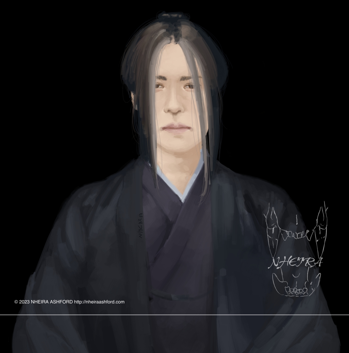 A portrait of a character sitting down with only his body above the waist visible. He has a neutral expression, salt and pepper hair framing his face. Wearing traditional Japanese style clothing, he’s situated on a near black background. 