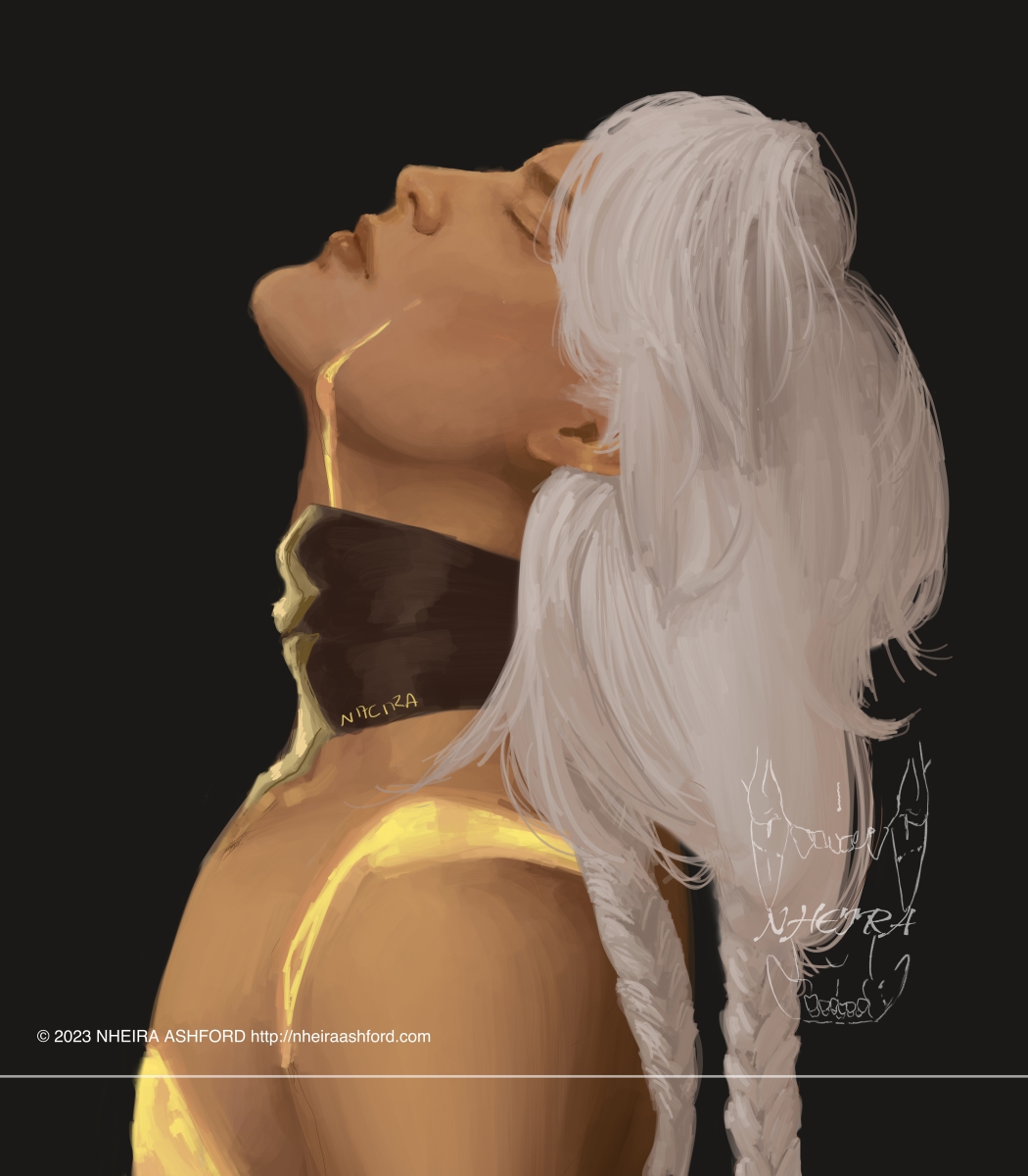 A portrait of Nanook, Aeon of Destruction from Honkai Star Rail. They are posed with their head tilted up, off-white hair falling back. They have their eyes closed in a serene expression.