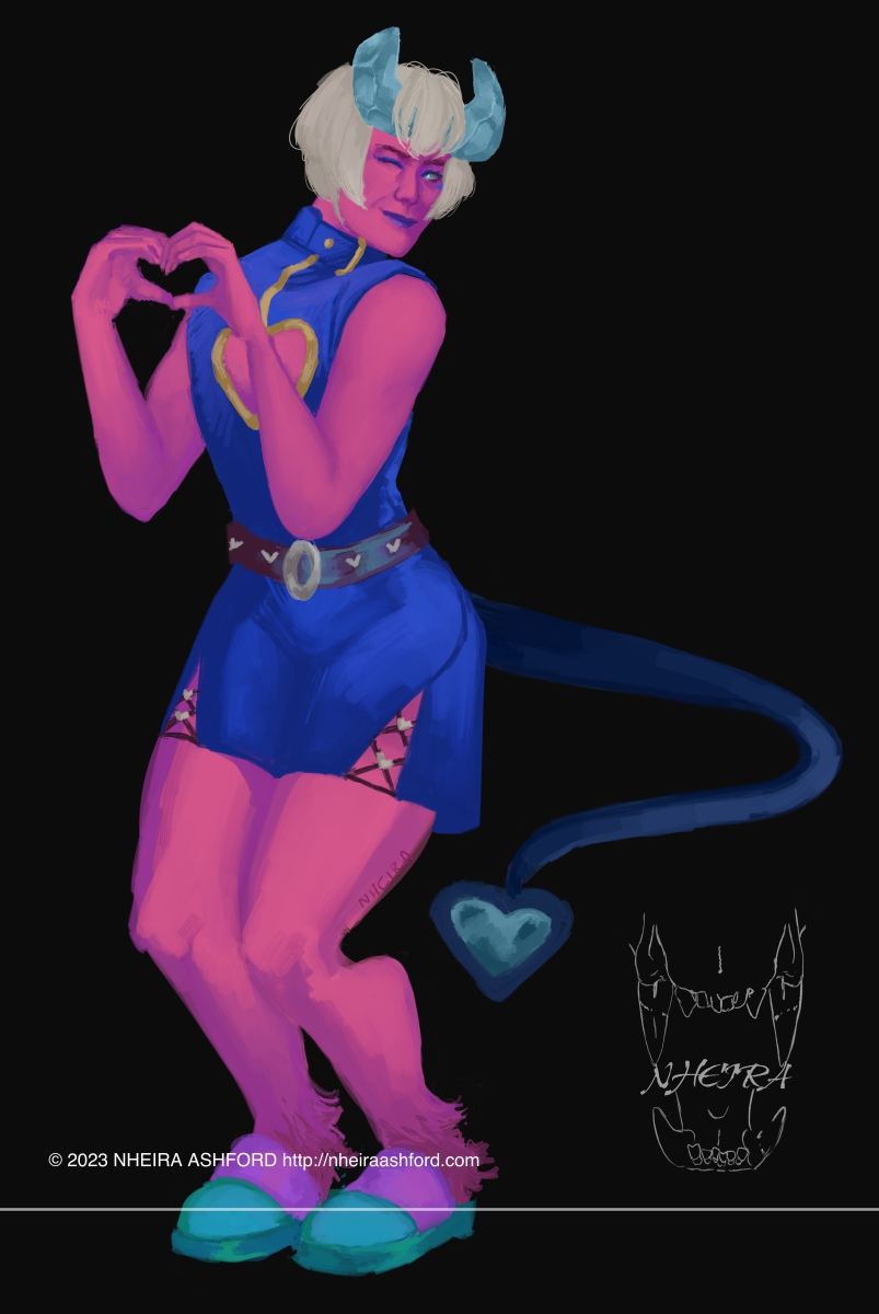 A full body portrait of an incubus character with short silvery gray hair. He has baby blue crystal horns that form a half donut shape. His skin is a bright neon pink whilst his clothing is a mix of blues, silvers and golds. His tail is a dark grayish blue with a crystal heart attached to the tip. His shoes are a mix of bright pink and neon blue. He is making a heart with his hands.