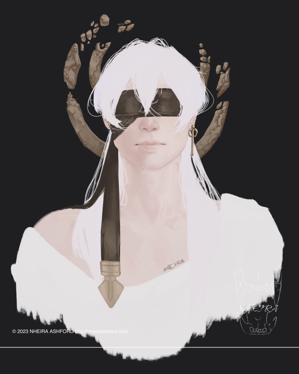 A drawing of a character facing forward. He is looking at the viewer. Behind him is a crumbling rock-like halo with two rings. He is wearing a black leather-like blindfold. He has long white hair and a plain off the shoulder robe.