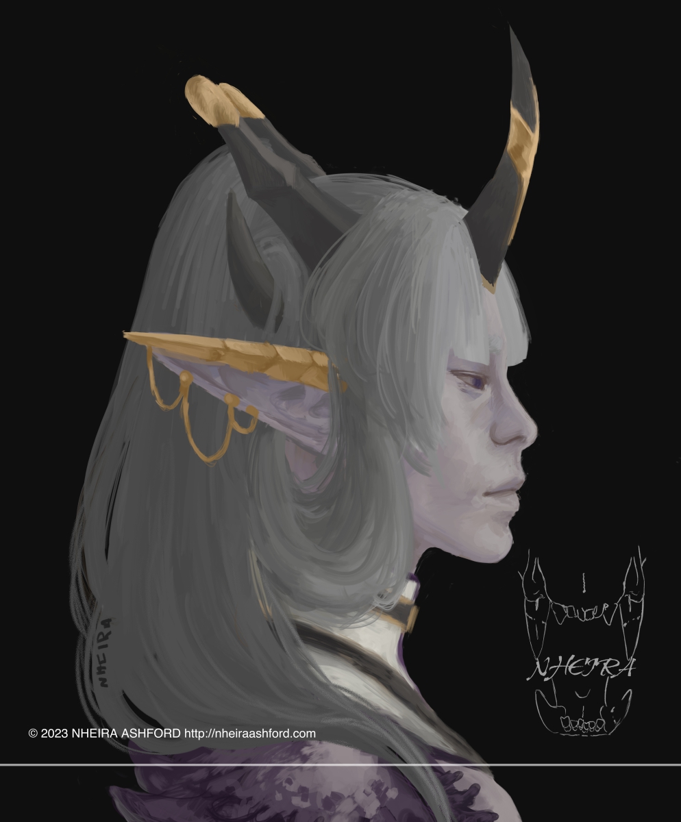 A portrait of a dragon woman. She is facing to the side. She wears long ear cuffs that cover the entire upper portion, with chains hanging from the bottom half. Her shirt is sleeveless and her shoulders are visible. They have feathers on them. Her horns are a dark gray with gold embellishments. Her expression here is focused but relaxed. She has long silver hair.