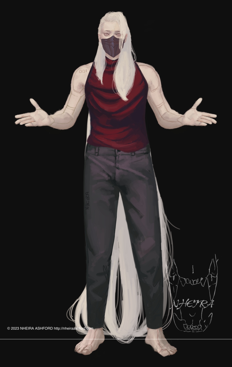 A portait of an android character that looks like a human. He’s standing with his arms held out, bent at the elbows. He wears a metal mask over the lower half of his face, along with a cowl necked deep red shirt and plain gray-ish black pants. His hair trails out behind him. 