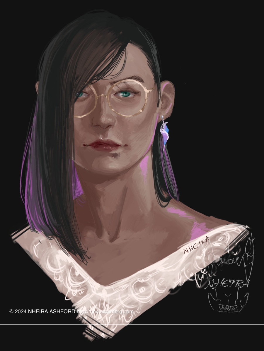 A portrait of a woman. She wears a lace top and round gold glasses. Her hair drapes over one side of her face, half hiding one eye. She is lit with pink side lighting.