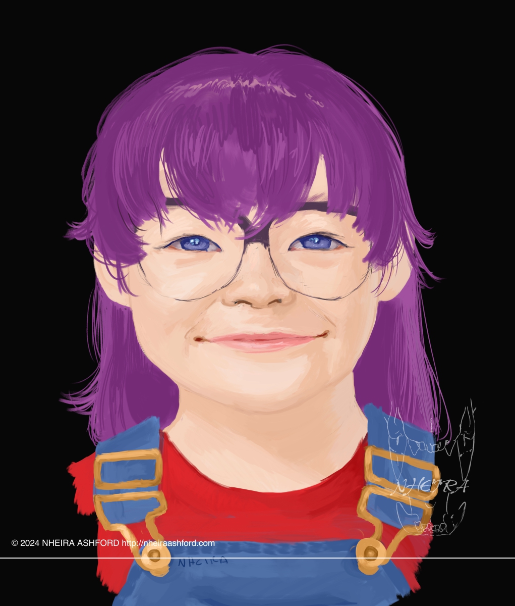 A portrait of Arale Norimaki from the series Dr. Slump by the late Akira Toriyama. She is staring head on at the viewer with a wide smile on her face. She’s wearing one of her signature outfits; a bright red shirt and blue overalls.