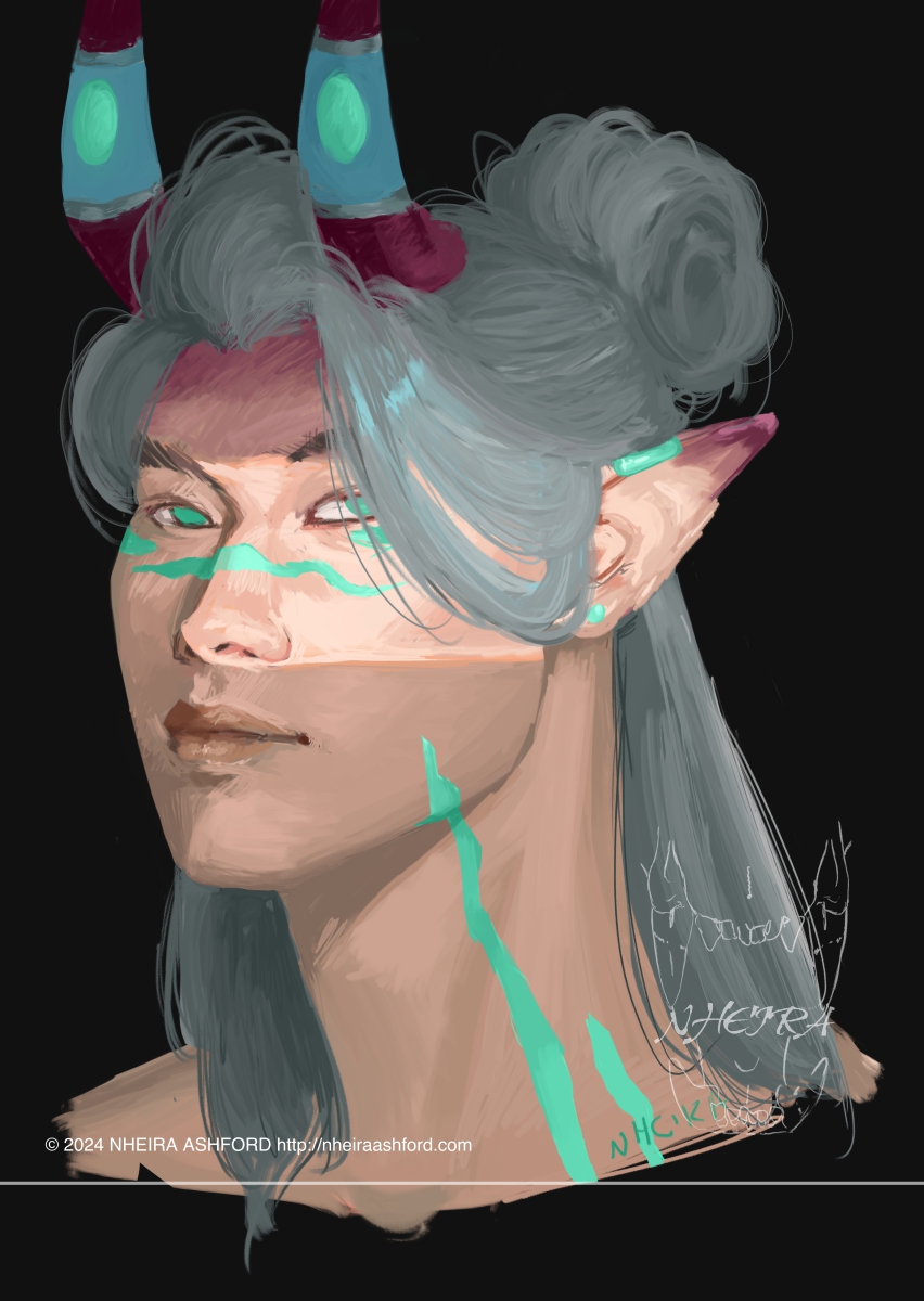 A portrait of a character in a three quarters angle. This character has dark maroon horns with deal and blue adornments. He has bright green eyes and silvery gray hair. On his face and neck are marks that are of a similar color to the jewels on his horns. He is lit in dramatic lighting that’s harsh at the edges.