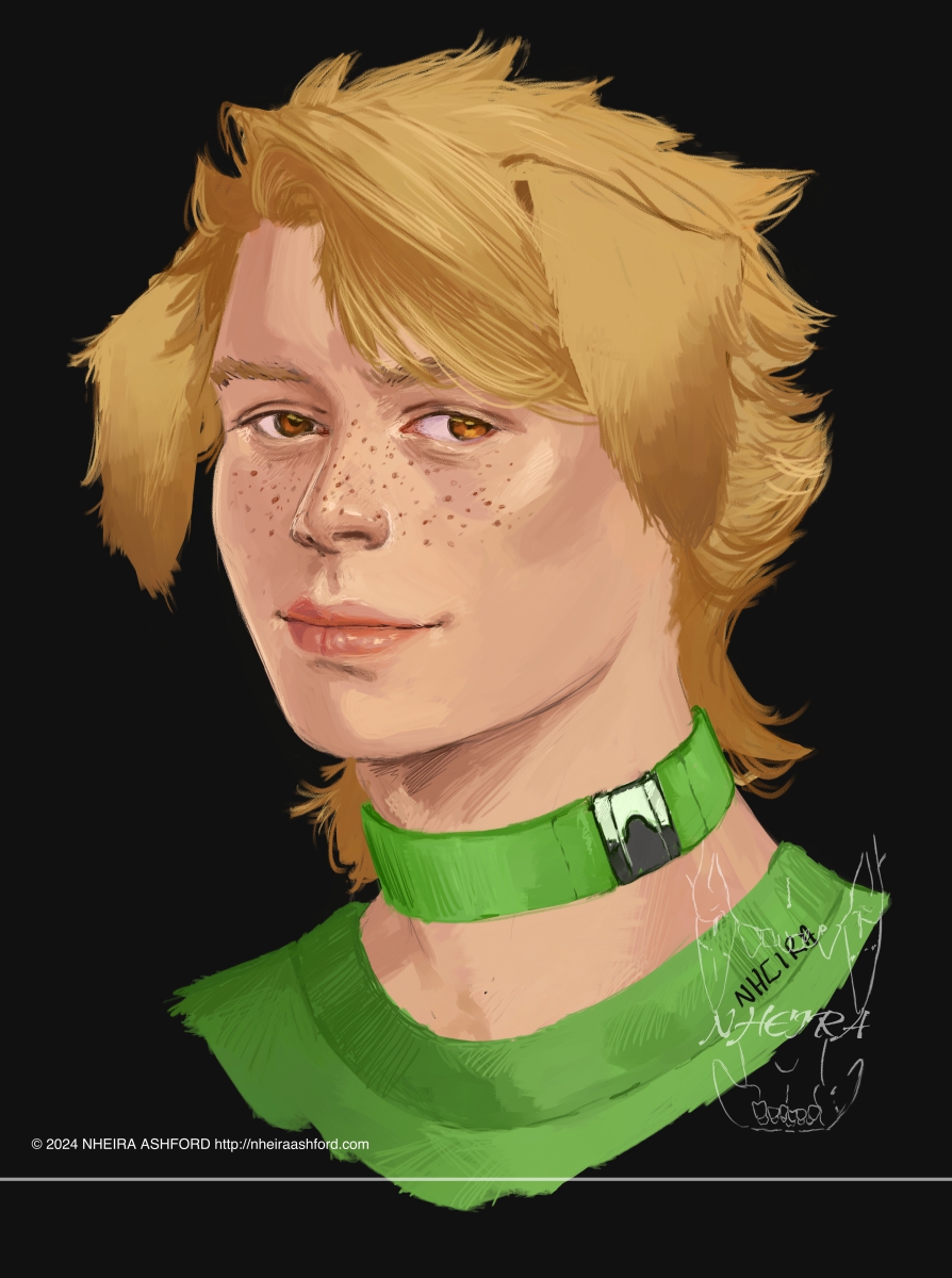 A portrait of a blonde boy with freckles; he has golden retriever-like ears and wears a neon green collar, with a shirt that matches. He has light brown/amber eyes. He has a smile on his face and seems happy or content.
