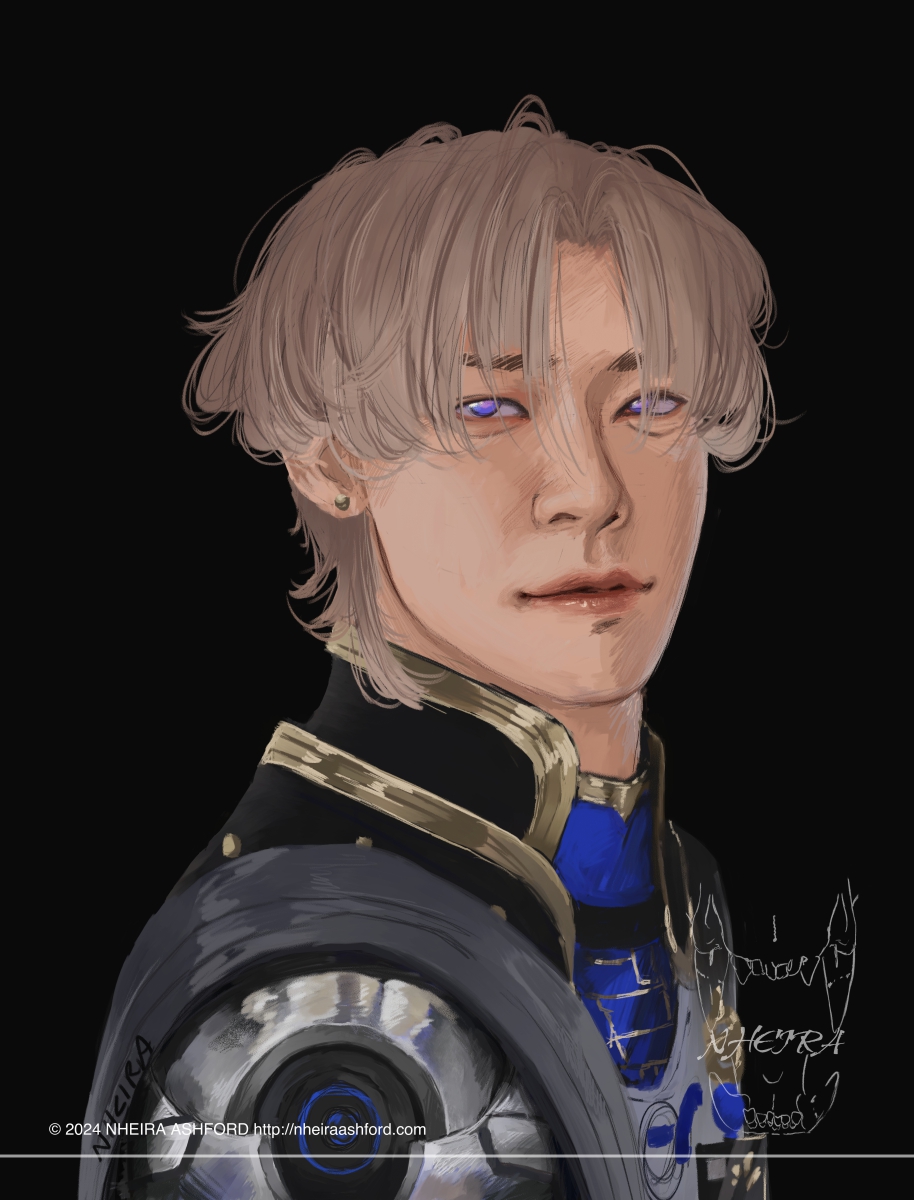 A portrait of Xiangli Yao from Wuthering Waves. He is posed in a three quarters angle. This character has a bionic right arm and is made of a highly reflective silver metal. The rest of his wardrobe is a mix of deep violets, shiny golds and silvers. His hair is a sandy brown color.