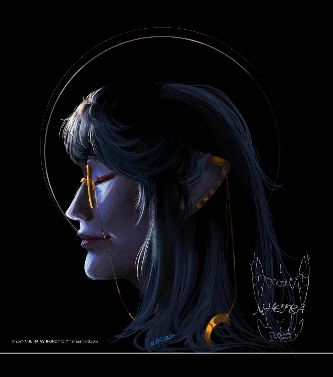 A side profile headshot of a character lit in cooler colors and tones.  The character has long black hair and large draconic ears; he's facing in a side profile. He wears makeup consisting of red eyeliner and lipstick.