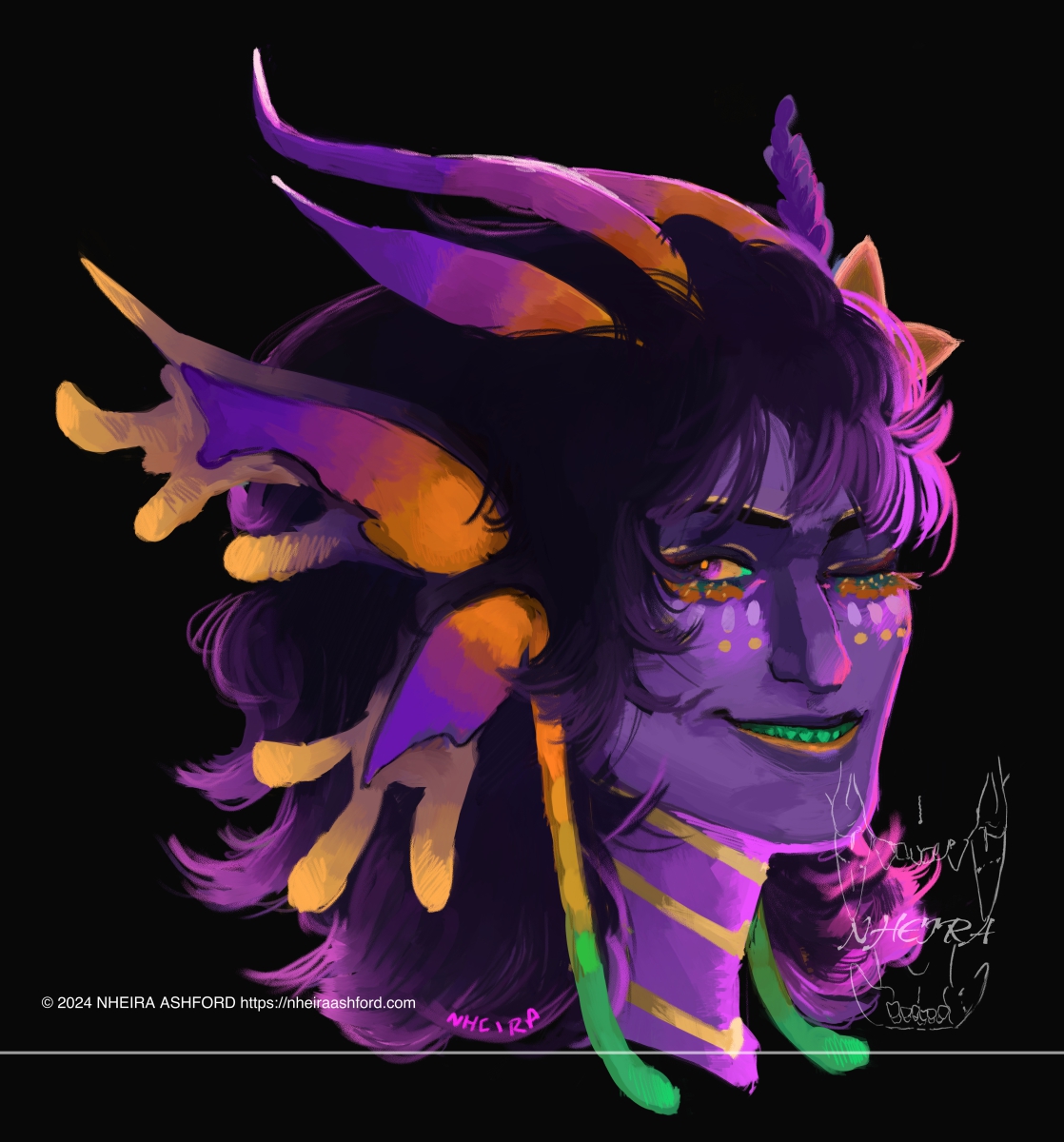 A portrait of a green toothed, smiling fae. They have a dark shade of purple for their skin and bright colorations around their ears; oranges, magentas, purples. Their hair is a very dark purple with some light ends. On their face are different markings; lavender, pale yellow and under their eyes, they have greens and more muted oranges. Their face is lit in bright neon lighting.