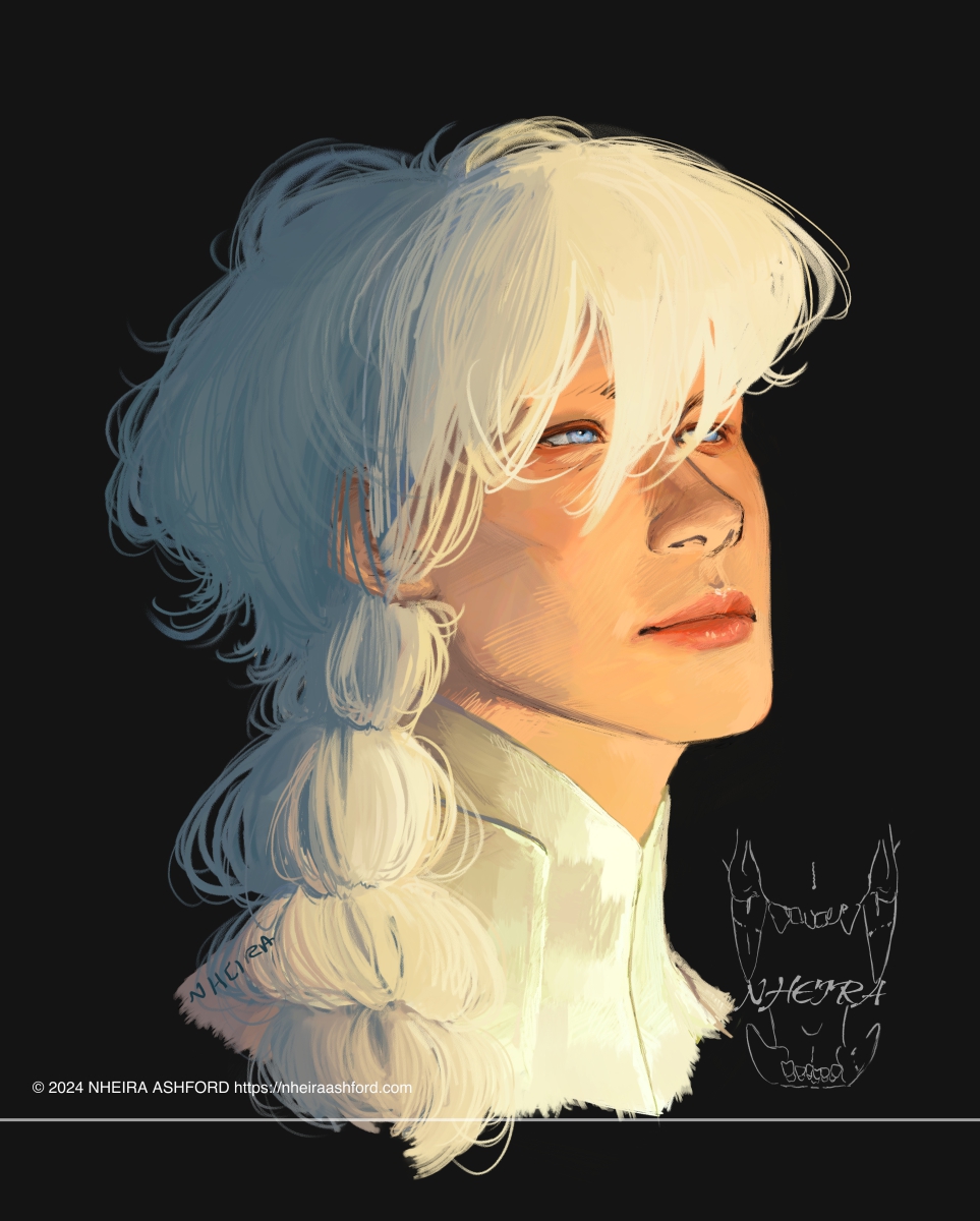 A portrait of a character that looks like he's standing in front of a warm light. His face is brightly illuminated while the back of his head is shadowed. There is some graduation from light to dark in his hair except for a small section. His face is softly rendered, a contrast to his hair. His hair here appears as though its a platinum blonde. Here he is without his glasses.