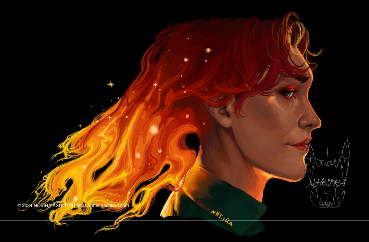 A portrait of a male character that is facing to one side. He has red hair that blends out into fiery tufts that are orange and yellow. He wears eye makeup and lipstick that matches his hair. There are little stars speckled throughout his hair to give the illusion of fire sparks.