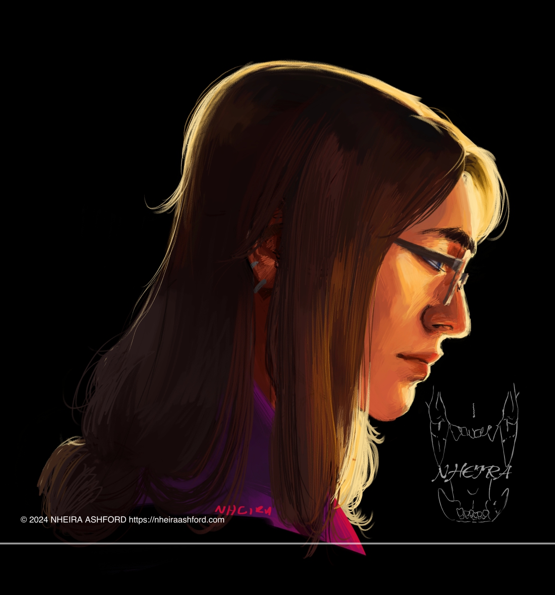 A portrait of a woman who is wearing glasses. Her hair is tied back into a loose braid and she's lit from the front. The light source is super close and intense, making it seem as if her bangs are slightly transparent and shiny. She wears a purple jacket.