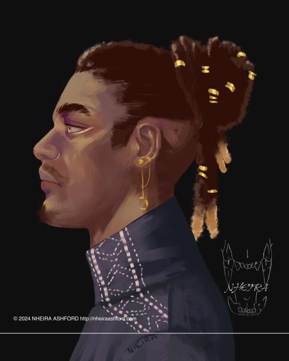 A portrait of a black character in a side profile. His locs are tied up in the back in a bun-style; they look like they have dip dyed ends, the color an orange-blonde. He wears gold eyeliner only under his eyes, which matches his irises. His skin is a warm brown with reddish and yellow undertones, mixed with hints of purple in the shadows.