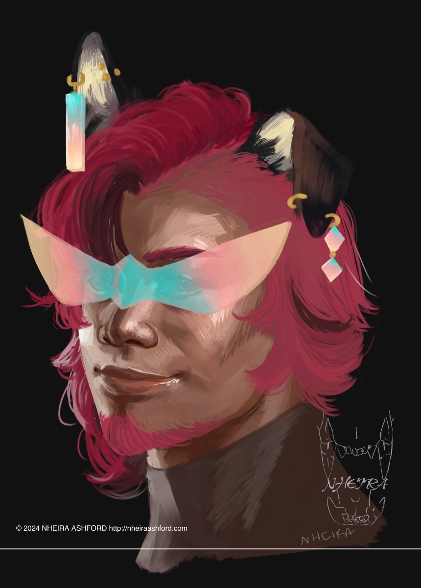 A portrait of a redheaded man with dog ears. He wears bright colored jewelry; two earrings on his left and three on his right. He has caramel colored skin with dark red hair that's black in some spots. He has a content expression. He is wearing semi-transparent yellow, teal and pink pointed shades.