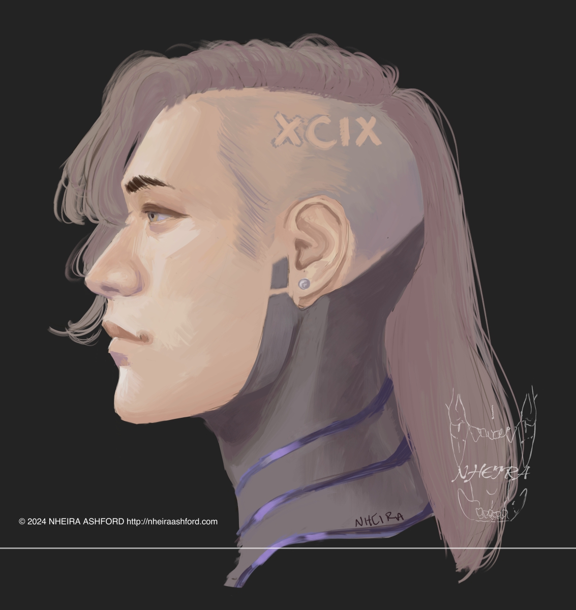 A portrait of a cyborg character. He's pictured in left-facing side profile, here and has a neutral expression. Half his head is shaven with XCIX scarred into his skin. He wears a futuristic outfit with wide seams filled in with purple lighting that glows just a bit.
