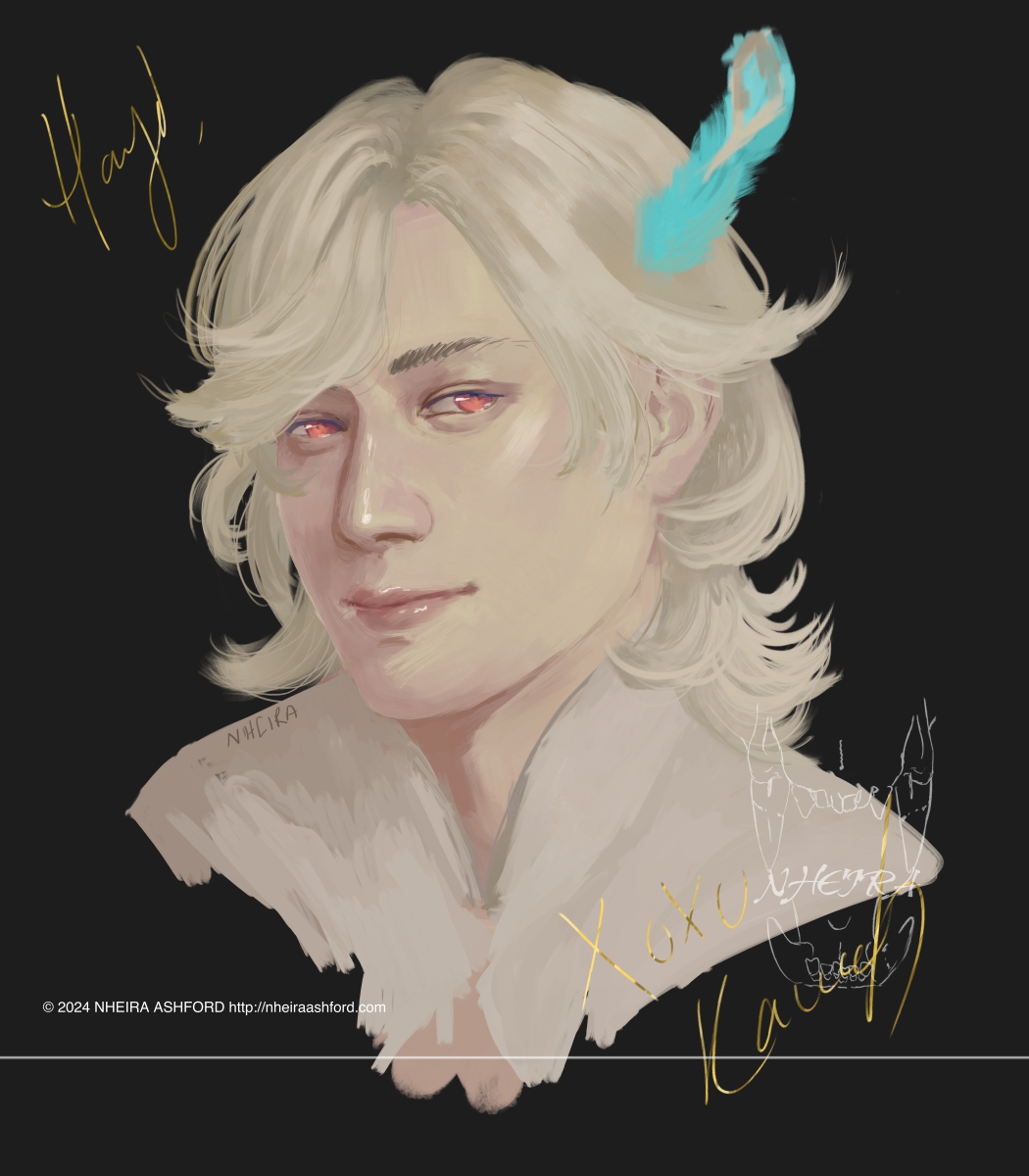 A portrait of Kaveh from the game Genshin Impact. He is posed in a three quarters pose. He has long pale blonde hair and bright red eyes; he's smiling in this drawing.