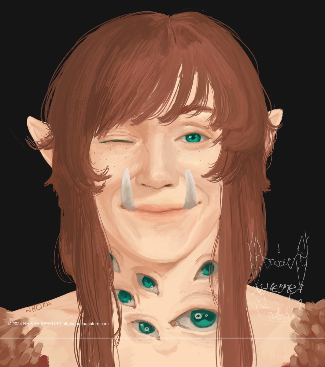 A portrait of a multi-eyed character and they are all the same color green. He has long hair with slightly swept bangs and pointed ears. He's smiling with two large teeth popping out from the bottom lip/lower jaw. Both his shoulders are covered by brown feathers that are similar in color to his hair which is a reddish brown.