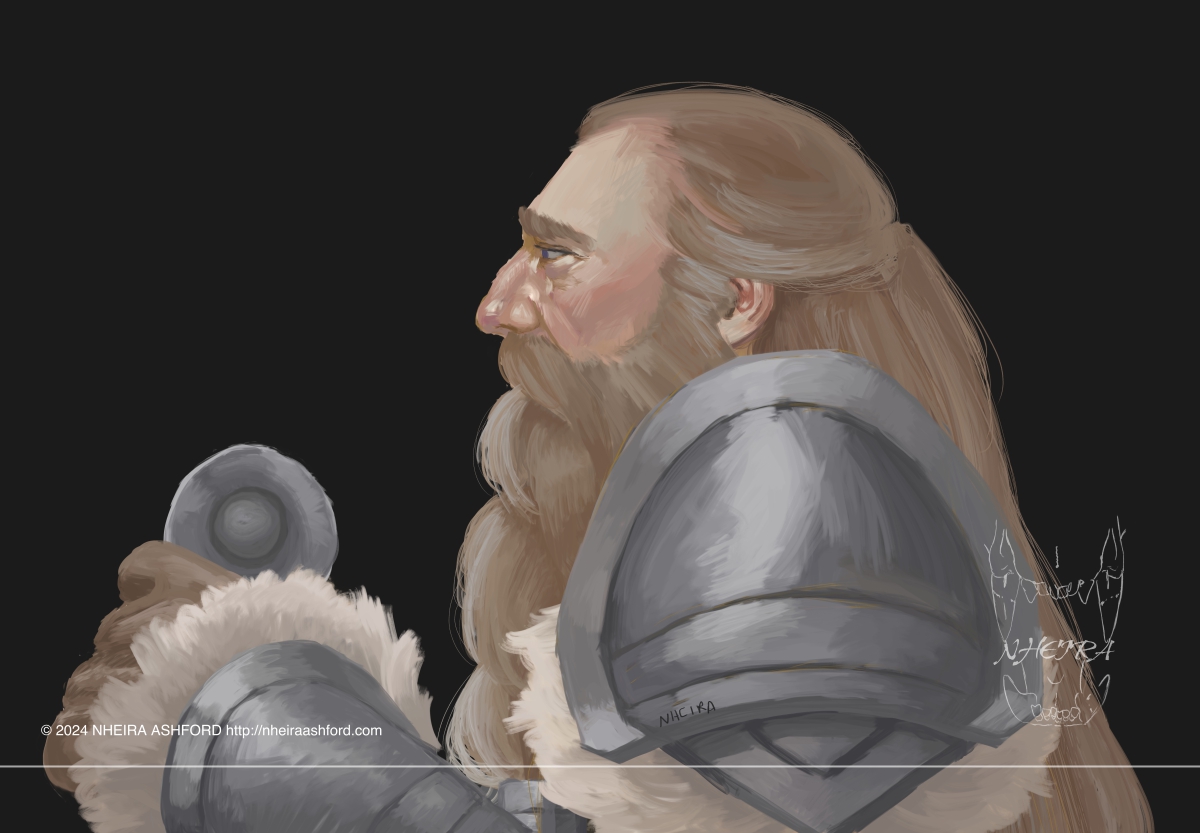 A portrait of a long haired and bearded dwarf. He's facing to the left. He wears large metal vambraces and large shoulder armor with beige fur underneath. One hand is visible and he's holding a sword with a circular handle. All metal pieces are gray/silver.